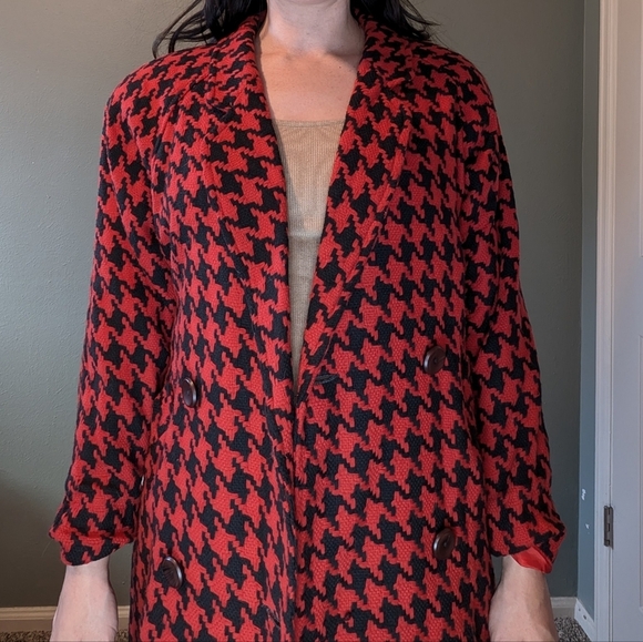 King Feather Jackets & Blazers - King Feather Retro Red & Black Houndstooth Pea Coat Size L